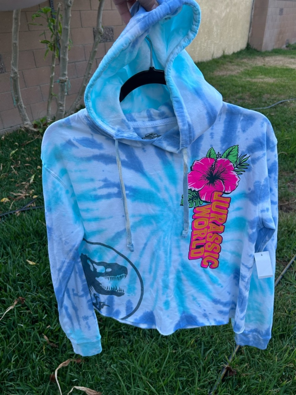 Universal Light Blue and White Tie-Dye Hoodie with Pink and Yellow Logo